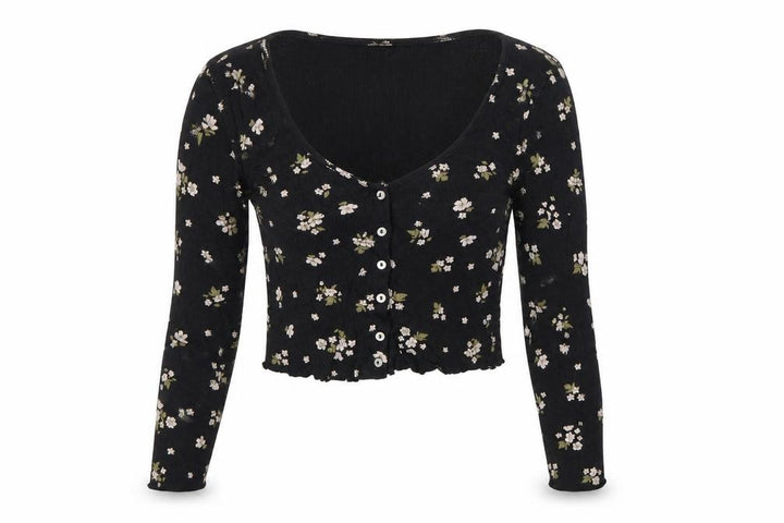 Miss Selfridge Women’s Black Floral Cropped Long Sleeve Cotton Blouse UK 10