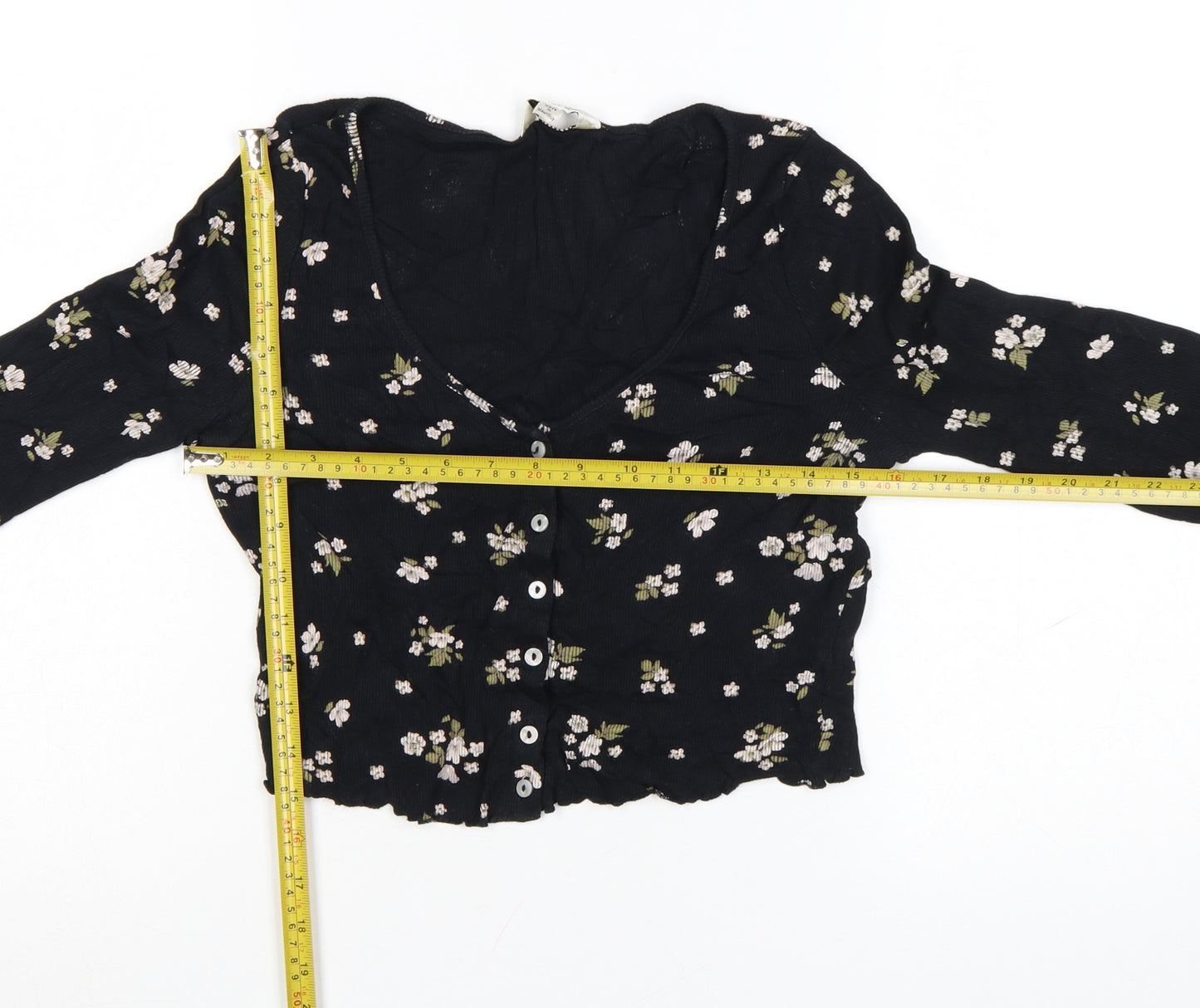 Miss Selfridge Women’s Black Floral Cropped Long Sleeve Cotton Blouse UK 10