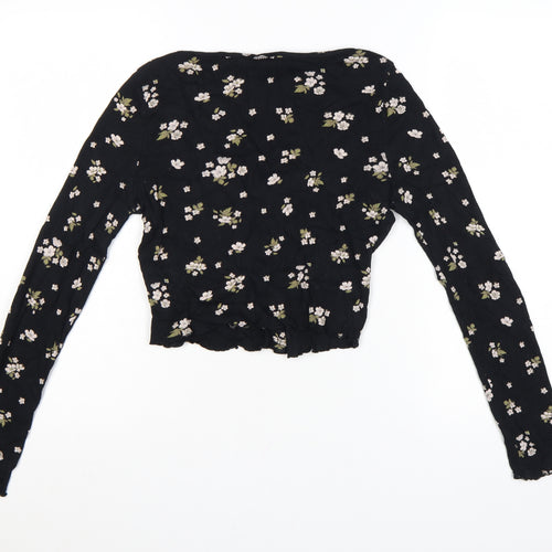 Miss Selfridge Women’s Black Floral Cropped Long Sleeve Cotton Blouse UK 10