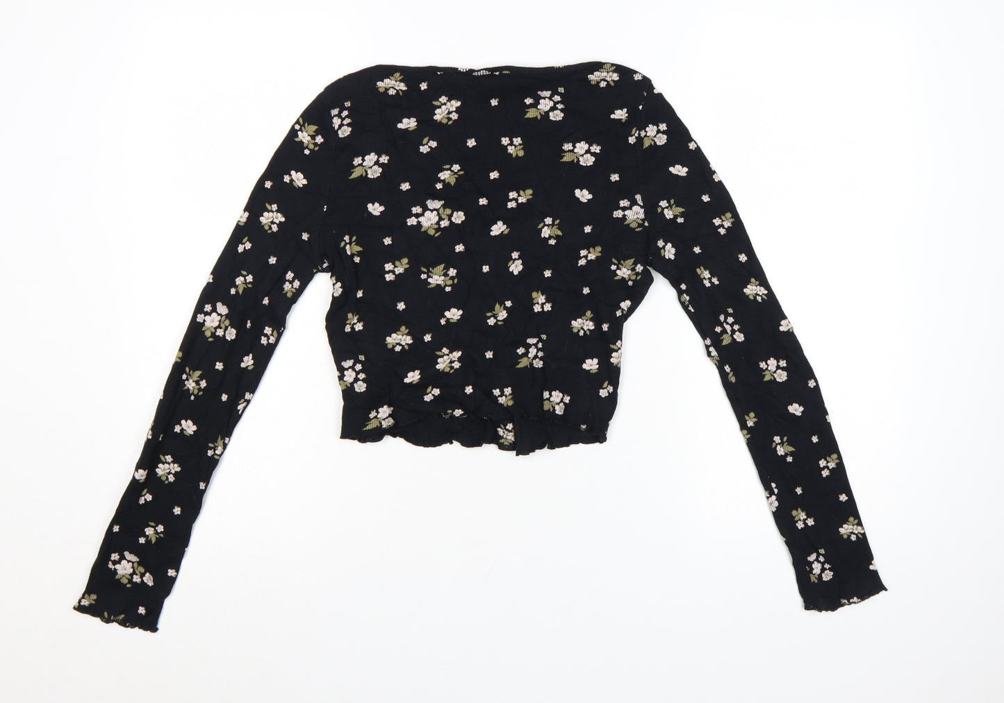 Miss Selfridge Women’s Black Floral Cropped Long Sleeve Cotton Blouse UK 10