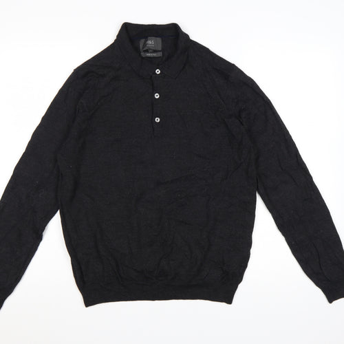 Marks and Spencer Men's Black Wool Blend Collared Henley Jumper L