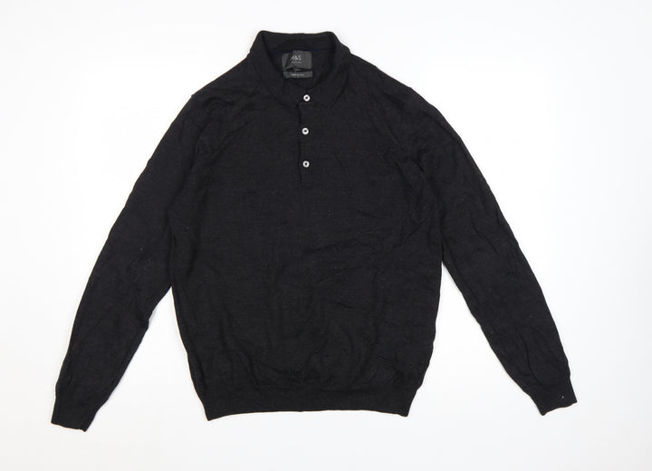 Marks and Spencer Men's Black Wool Blend Collared Henley Jumper L