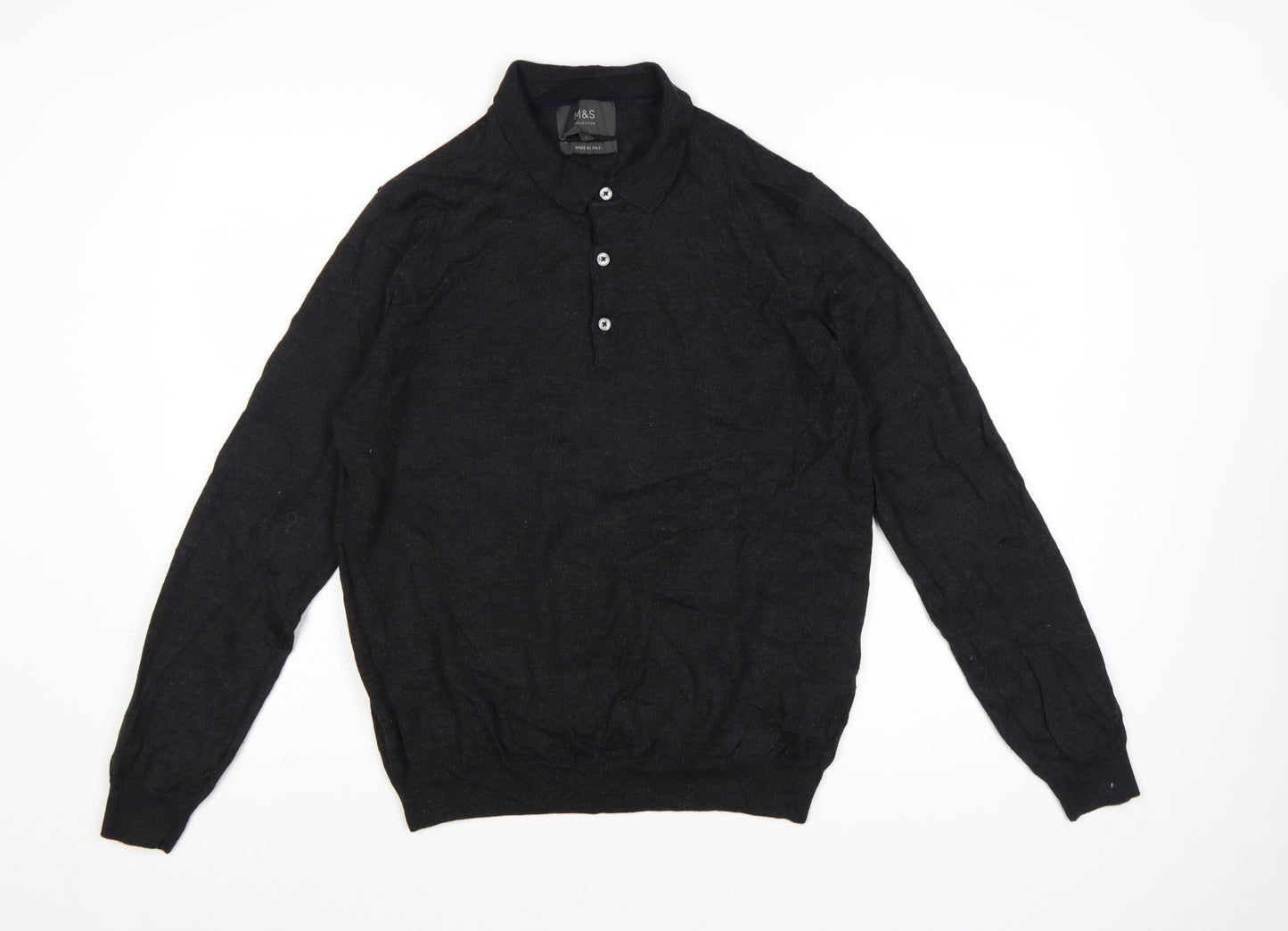 Marks and Spencer Men's Black Wool Blend Collared Henley Jumper L
