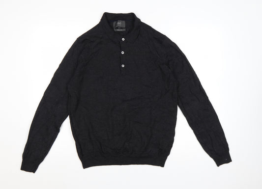 Marks and Spencer Men's Black Wool Blend Collared Henley Jumper L