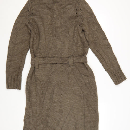 Marks & Spencer Women’s Brown Belted Long Cardigan UK 12 Roll Neck Knit