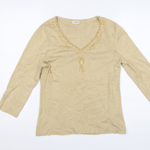 Gerry Weber Women Beige Beaded V-Neck 3/4 Sleeve Pullover Jumper Size 10