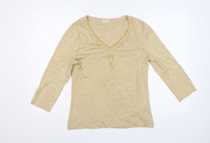 Gerry Weber Women Beige Beaded V-Neck 3/4 Sleeve Pullover Jumper Size 10