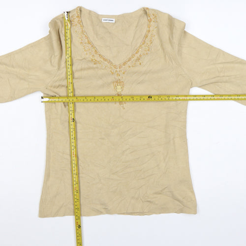 Gerry Weber Women Beige Beaded V-Neck 3/4 Sleeve Pullover Jumper Size 10