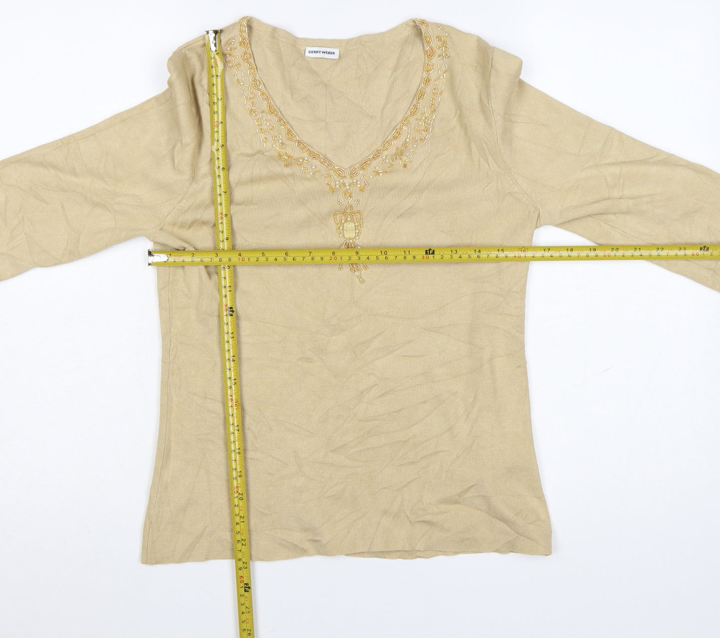 Gerry Weber Women Beige Beaded V-Neck 3/4 Sleeve Pullover Jumper Size 10