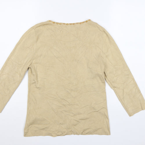 Gerry Weber Women Beige Beaded V-Neck 3/4 Sleeve Pullover Jumper Size 10