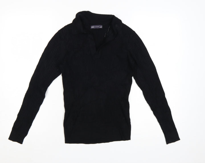 Marks and Spencer Women's Black Collared Ribbed Pullover Jumper Size 10