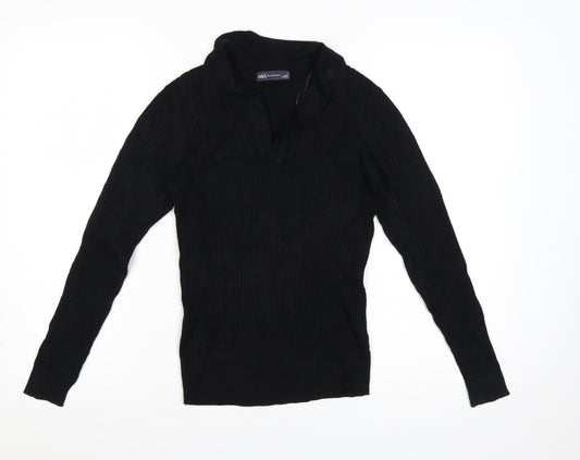 Marks and Spencer Women's Black Collared Ribbed Pullover Jumper Size 10