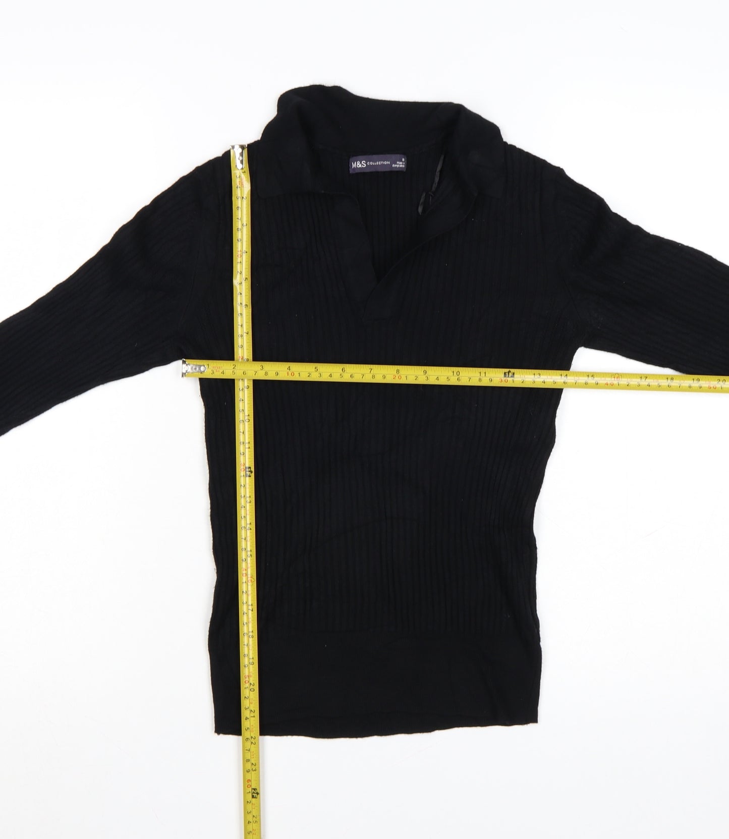 Marks and Spencer Women's Black Collared Ribbed Pullover Jumper Size 10