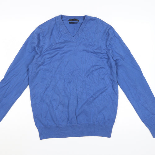 Marks and Spencer Men's Blue Pure Cotton V-Neck Jumper M