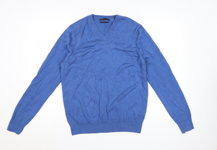 Marks and Spencer Men's Blue Pure Cotton V-Neck Jumper M