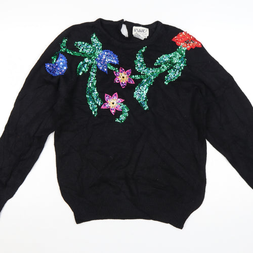 Images by Duet Womens Black Sequin Floral 80s Vintage Pullover Jumper M
