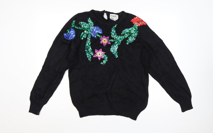 Images by Duet Womens Black Sequin Floral 80s Vintage Pullover Jumper M
