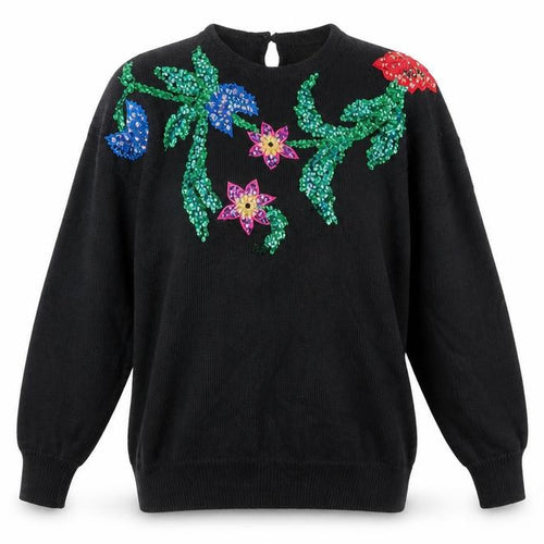 Images by Duet Womens Black Sequin Floral 80s Vintage Pullover Jumper M