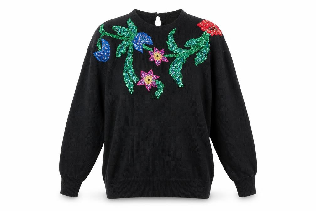 Images by Duet Womens Black Sequin Floral 80s Vintage Pullover Jumper M