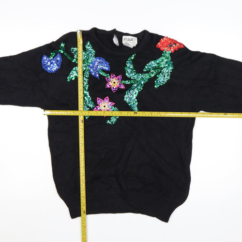 Images by Duet Womens Black Sequin Floral 80s Vintage Pullover Jumper M
