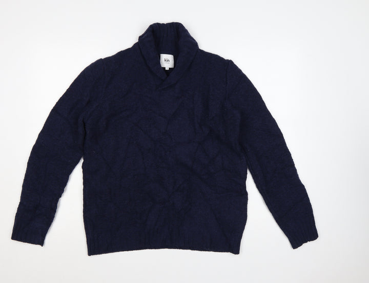 Kin by John Lewis Men's Blue Wool Blend Shawl Neck Jumper Size S