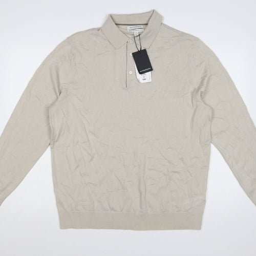 Marks and Spencer Men’s Beige Merino Wool Collared Pullover Jumper XL