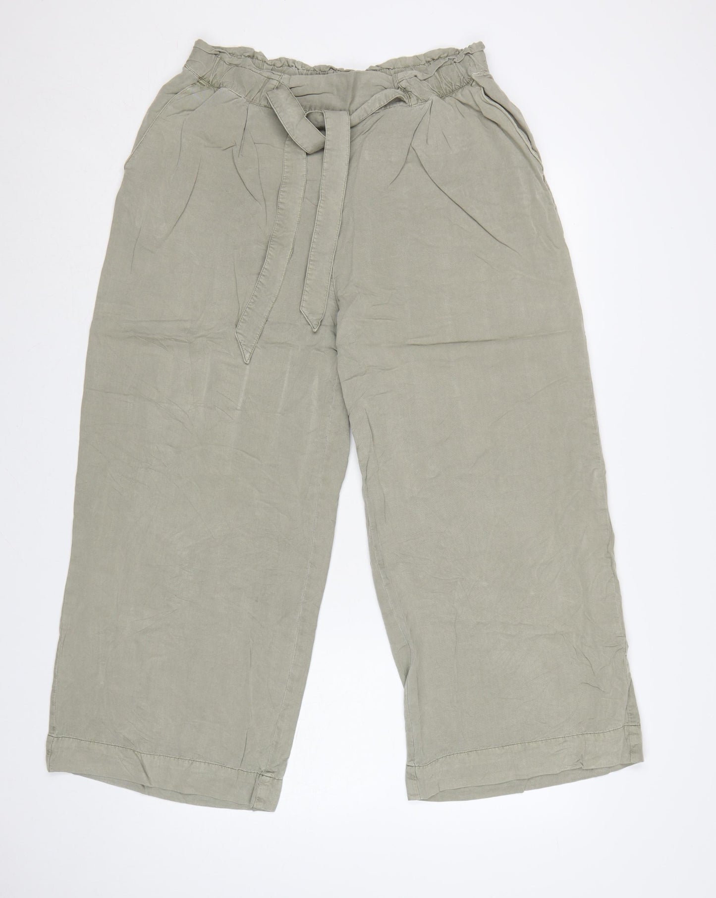 H&M Women Beige Paperbag Wide-Leg Lyocell Trousers Size 14