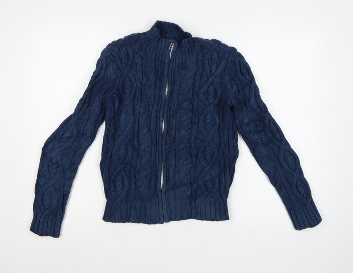 Blanc Bleu Women's Blue Wool Full Zip Cable Knit Jumper Size S
