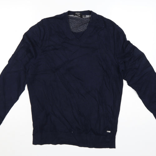 Hugo Boss Men's Blue V-Neck Cotton Wool Jumper M Regular Fit