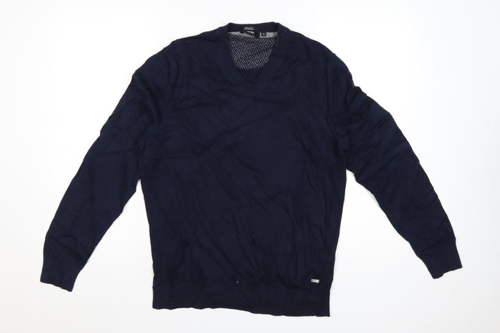 Hugo Boss Men's Blue V-Neck Cotton Wool Jumper M Regular Fit