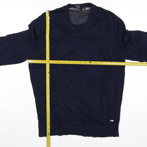 Hugo Boss Men's Blue V-Neck Cotton Wool Jumper M Regular Fit