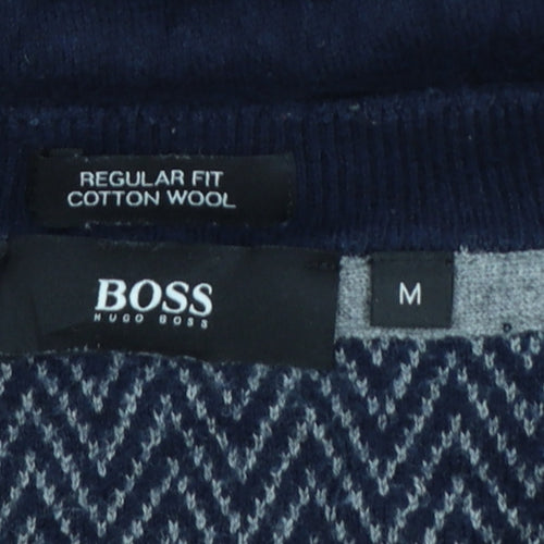 Hugo Boss Men's Blue V-Neck Cotton Wool Jumper M Regular Fit