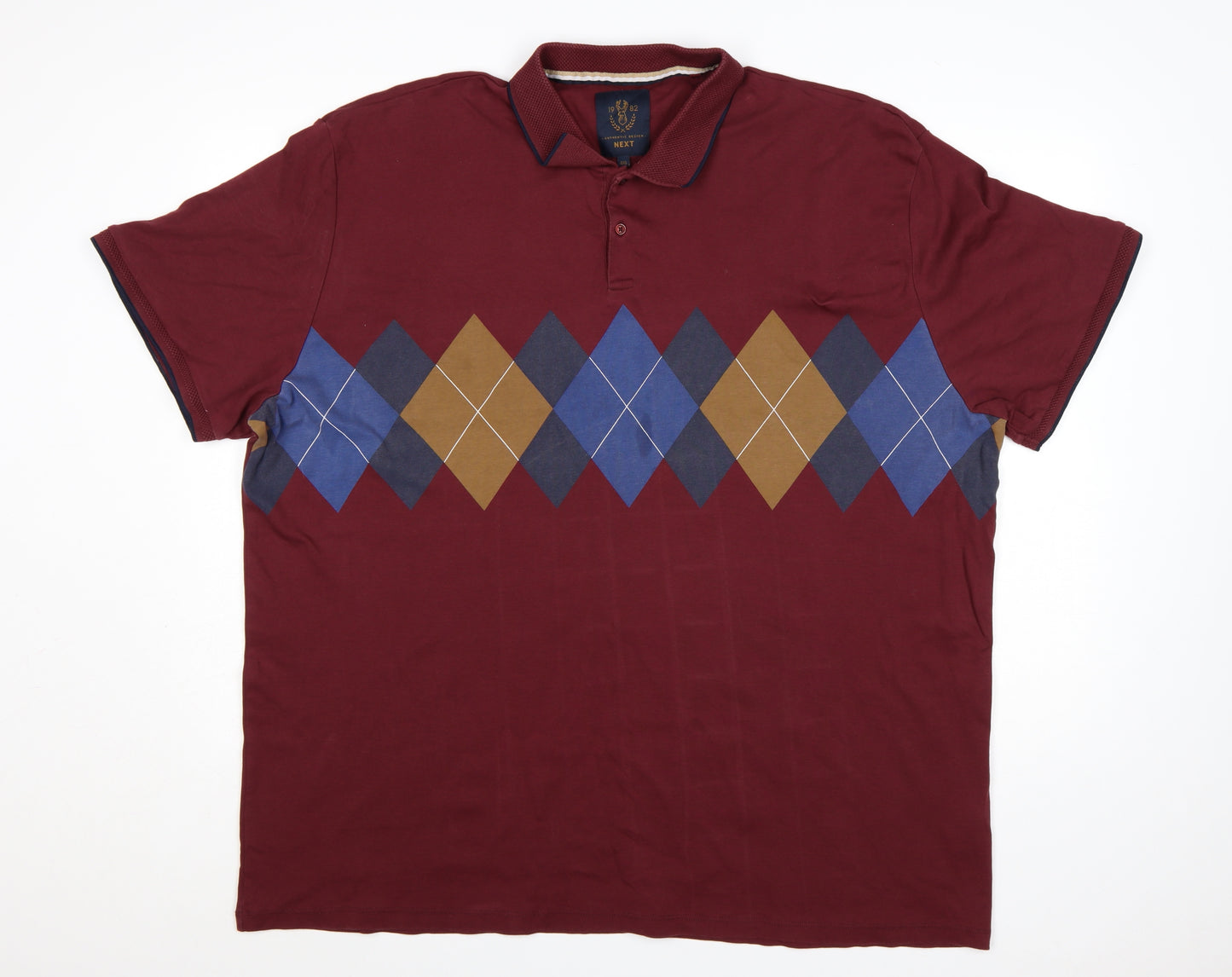 Next Men's Red Argyle Cotton Polo Shirt 4XL Regular Fit