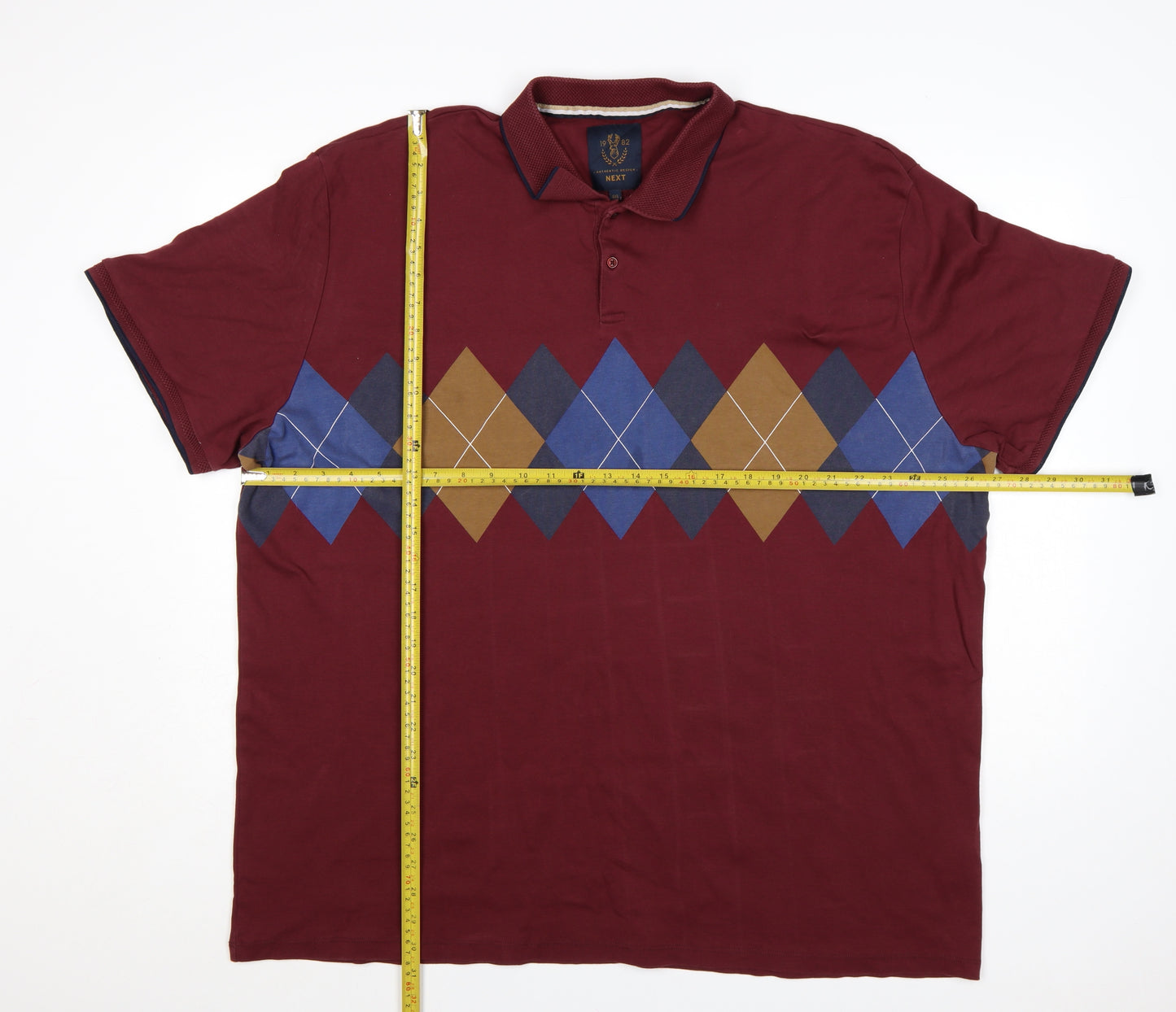 Next Men's Red Argyle Cotton Polo Shirt 4XL Regular Fit