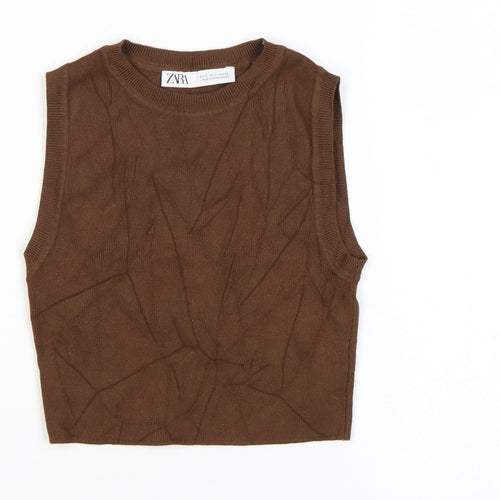 Zara Women Brown Cropped Knit Sleeveless Tank Top Size S