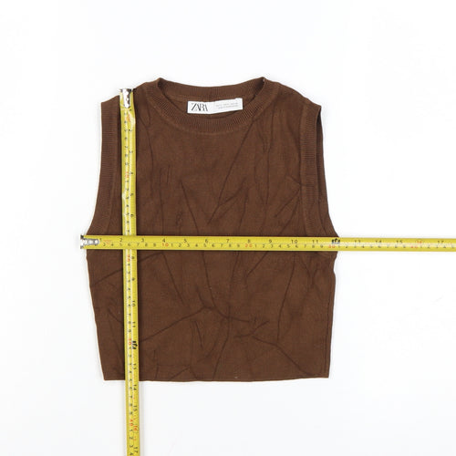 Zara Women Brown Cropped Knit Sleeveless Tank Top Size S