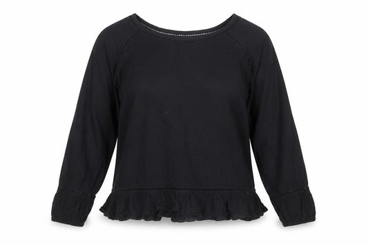 Front view of John Lewis Women’s Black Cotton Ruffle Hem Blouse, size UK 10
