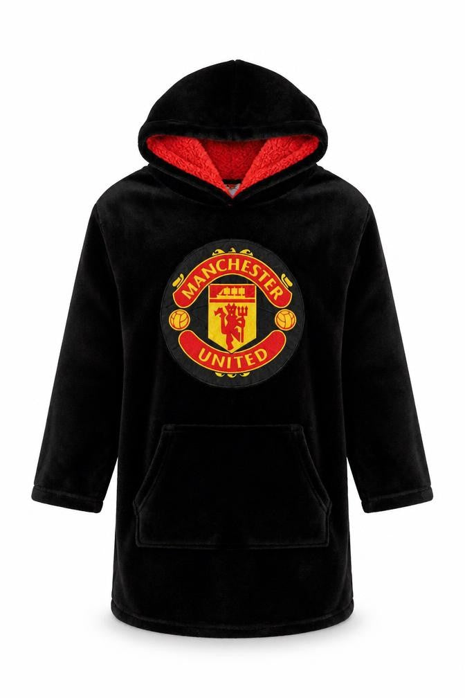 Manchester United Boys Black Hooded Fleece Robe One Size Winter Nightwear