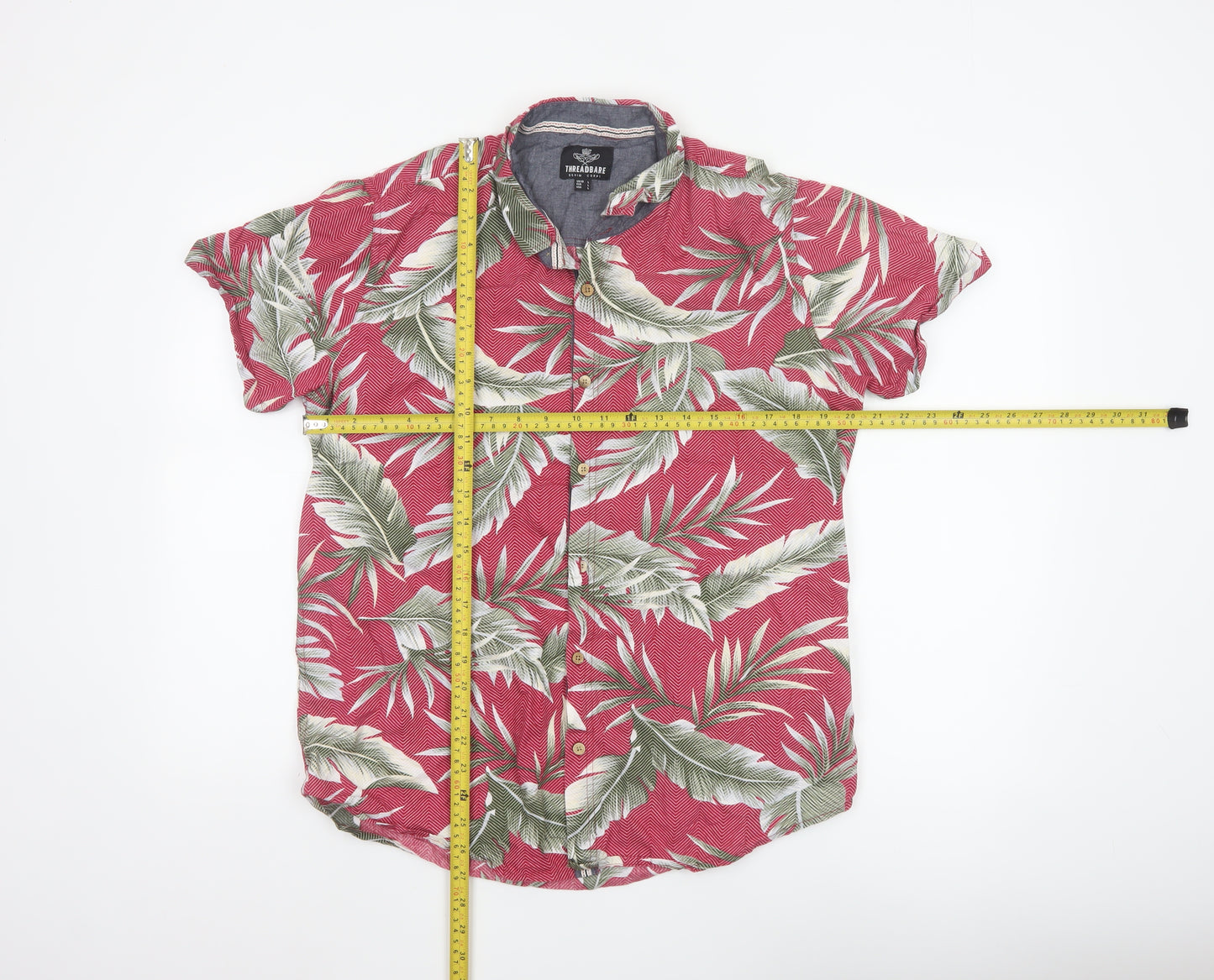Threadbare Men's Red Tropical Leaf Short Sleeve Cotton Shirt L