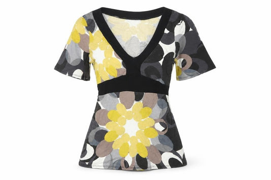 Front view of Oasis women’s multicoloured floral wrap blouse, size UK 8, short sleeve