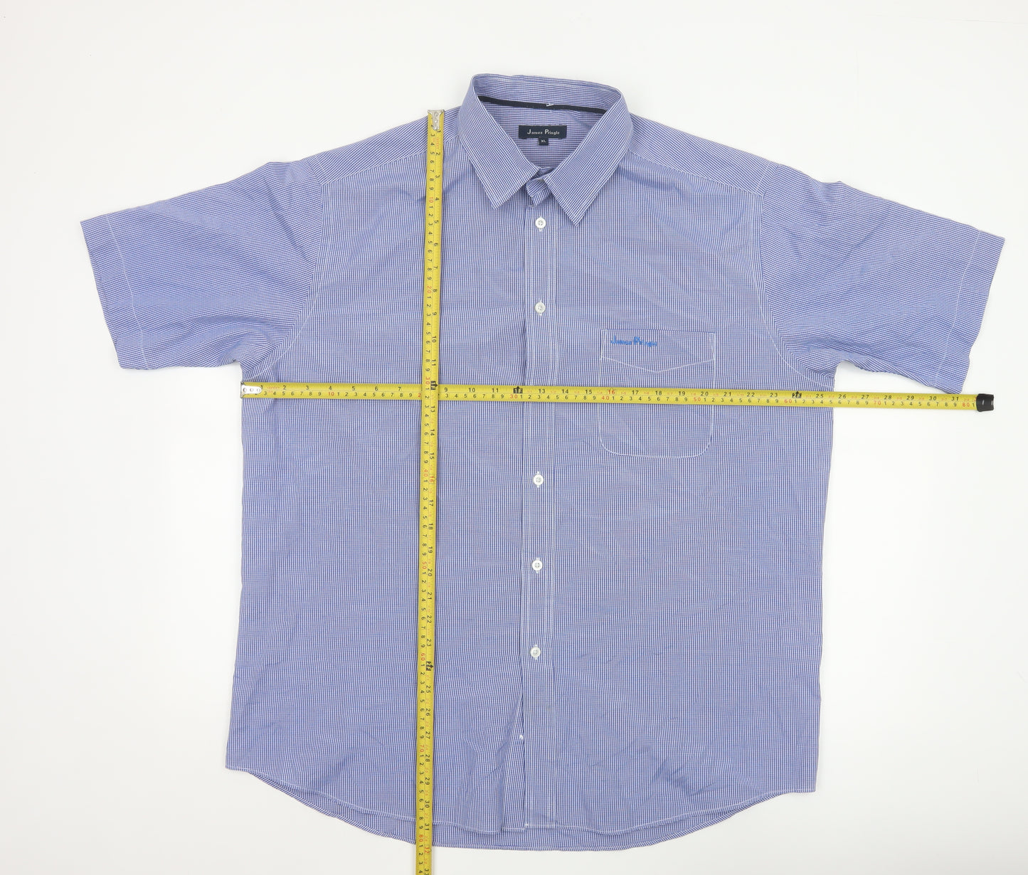James Pringle Men's Blue Check Short Sleeve Button-Up Shirt XL
