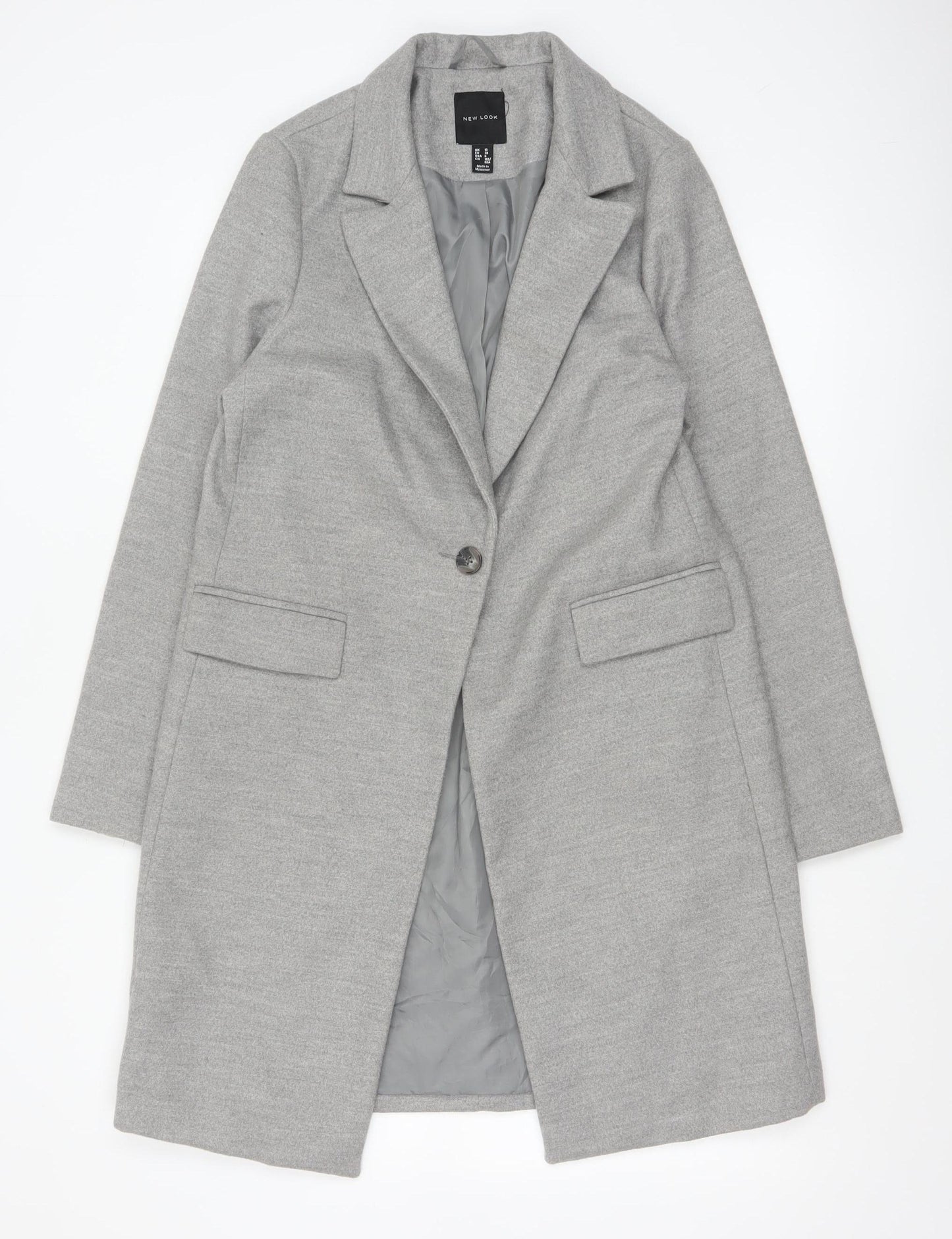 New Look Women's Grey Long Overcoat Size 10 Classic Single-Breasted