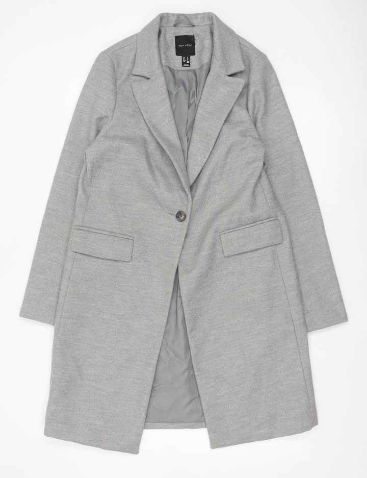 New Look Women's Grey Long Overcoat Size 10 Classic Single-Breasted