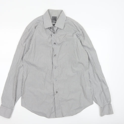 Calvin Klein Men's Grey Slim Fit Striped Long Sleeve Button-Up Shirt 15.5