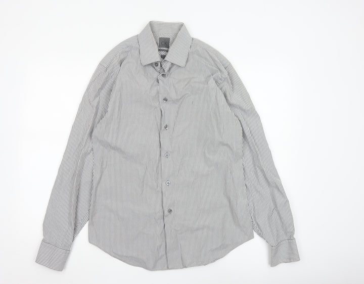 Calvin Klein Men's Grey Slim Fit Striped Long Sleeve Button-Up Shirt 15.5
