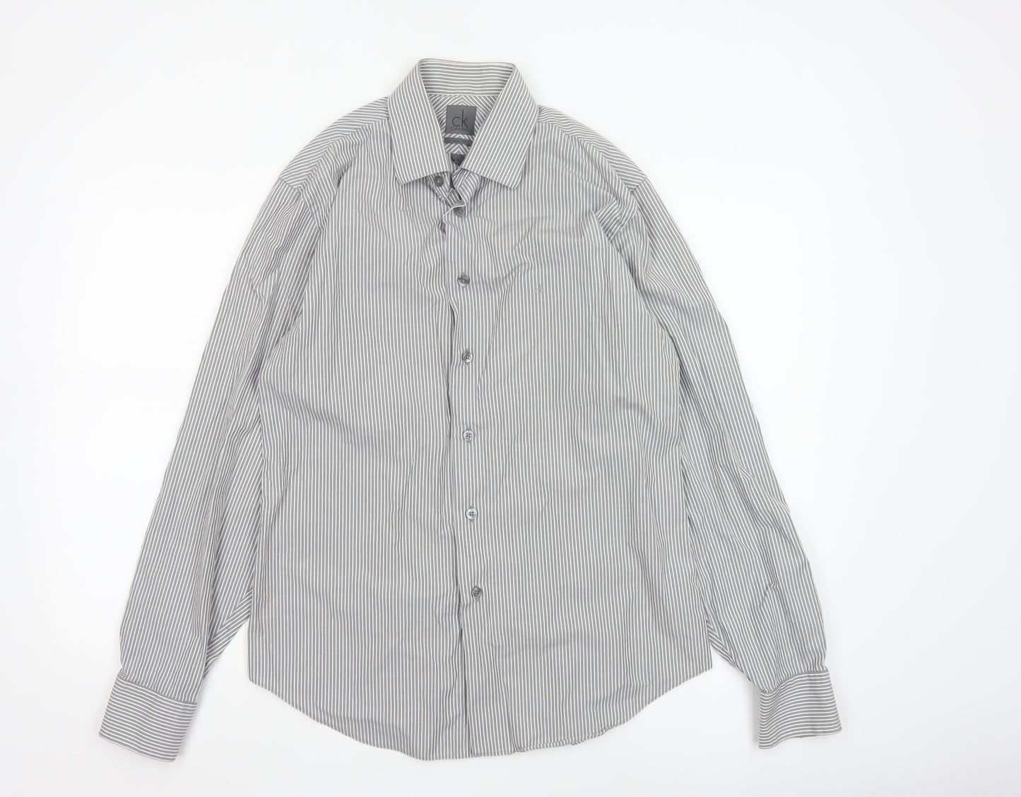 Calvin Klein Men's Grey Slim Fit Striped Long Sleeve Button-Up Shirt 15.5