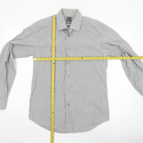 Calvin Klein Men's Grey Slim Fit Striped Long Sleeve Button-Up Shirt 15.5