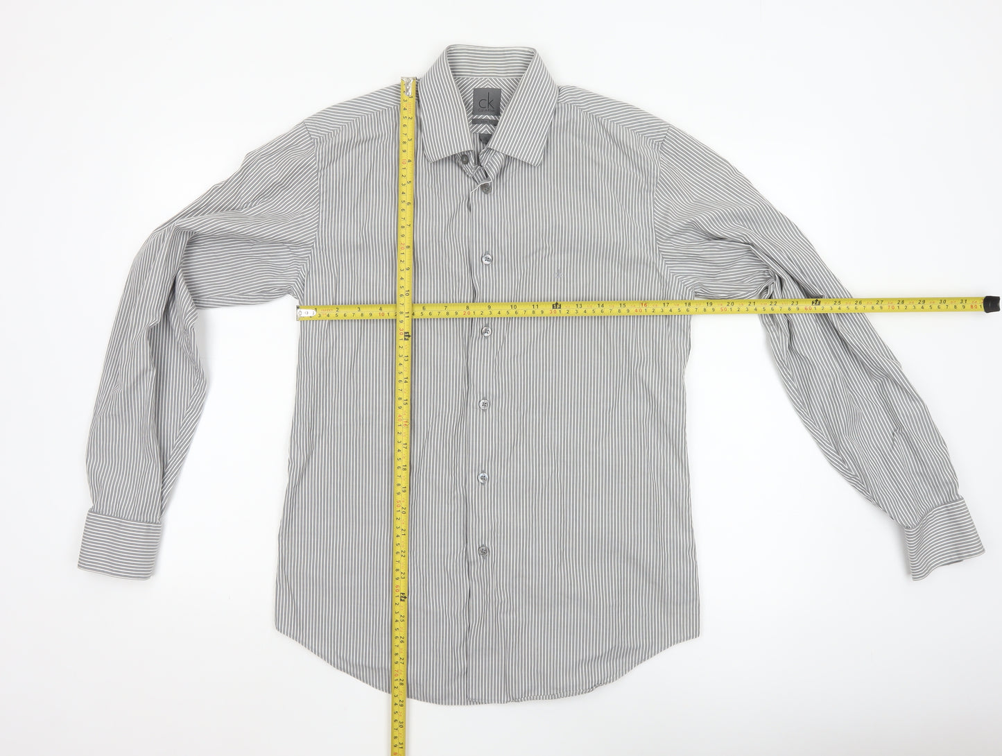 Calvin Klein Men's Grey Slim Fit Striped Long Sleeve Button-Up Shirt 15.5
