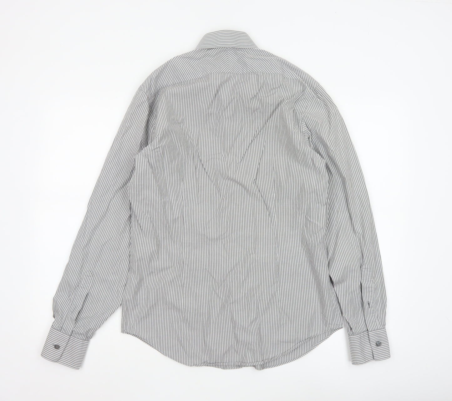 Calvin Klein Men's Grey Slim Fit Striped Long Sleeve Button-Up Shirt 15.5