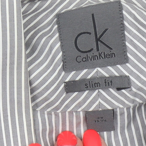 Calvin Klein Men's Grey Slim Fit Striped Long Sleeve Button-Up Shirt 15.5